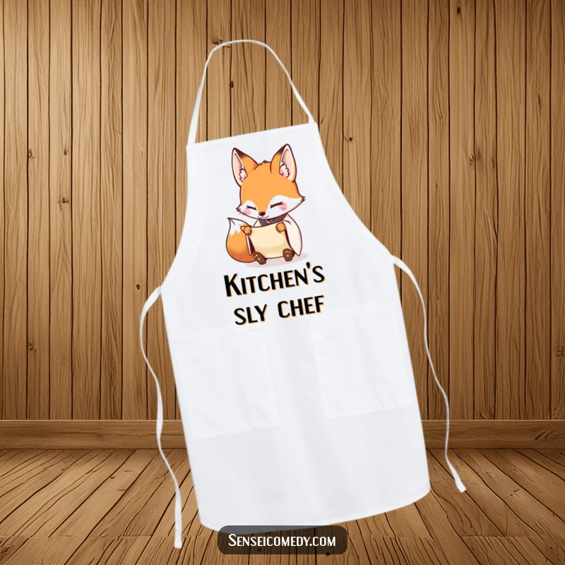 Funny Fox Sensei Apron: Kitchen wear with a diligent fox and scroll, for cooking with humorous precision.