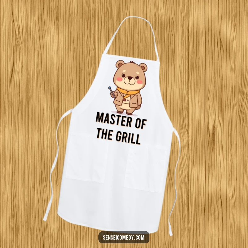 Funny Bear Sensei Apron: Kitchen wear with a stern but kind bear and pointer, for cooking with humorous authority.