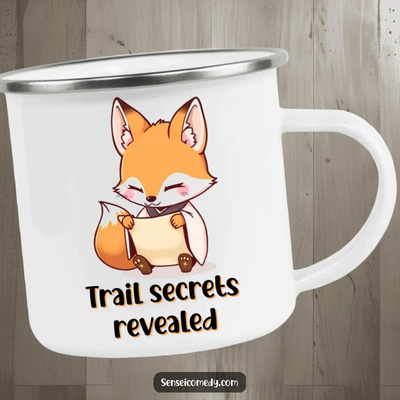 Funny Fox Sensei Camping Mug: Durable mug with a diligent fox and scroll, for enjoying drinks outdoors.