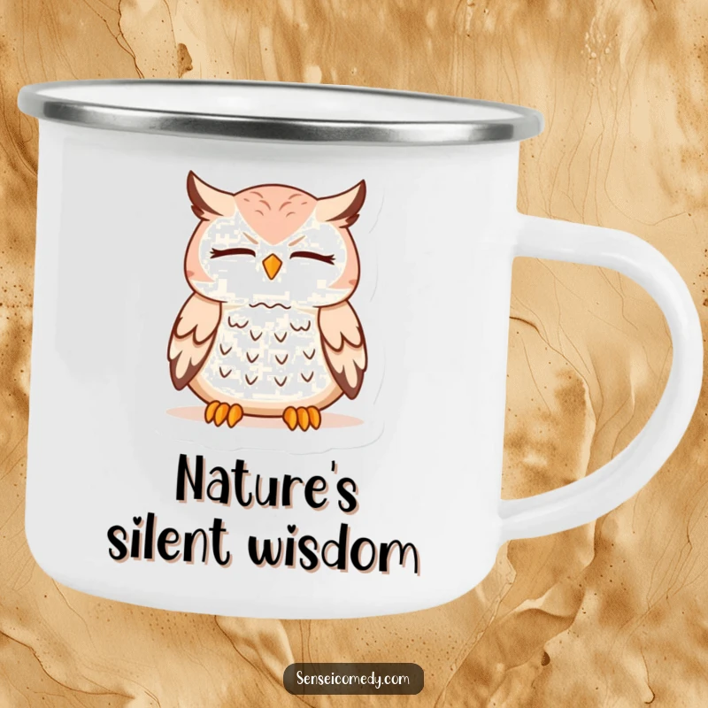 Funny Owl Sensei Camping Mug: Durable mug with a meditating owl, ideal for enjoying drinks outdoors.