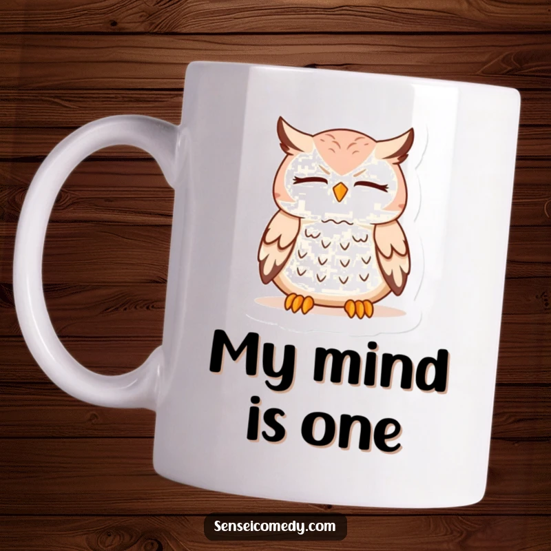 Funny Owl Sensei Mug: Wise bird meditating peacefully, eyes closed in zen, inspiring calm and focus.