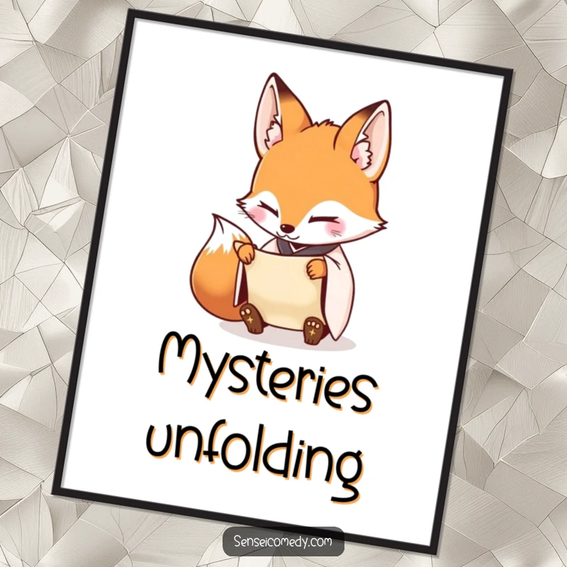 Funny Fox Sensei Digital Art Print: Printable artwork of a diligent fox inspecting a scroll, offering focus.