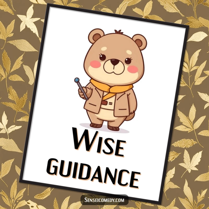 Funny Bear Sensei Digital Art Print: Printable artwork of a stern but kind bear with a pointer, offering wisdom.