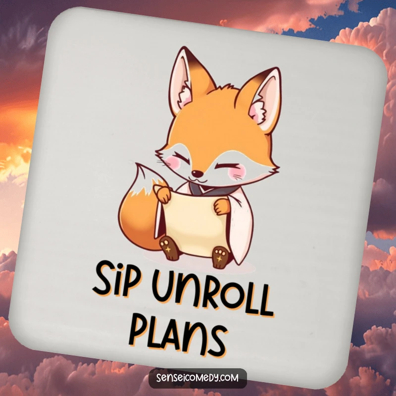 Funny Fox Sensei Coaster: Decorative coaster featuring a diligent fox and scroll, adding humorous precision.