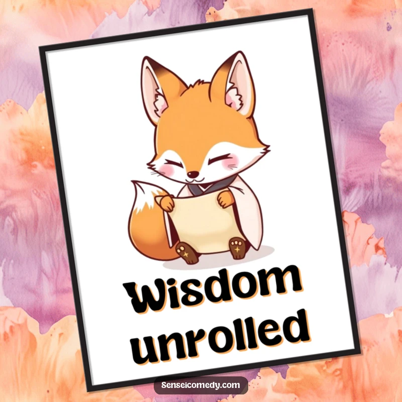 Funny Fox Sensei Poster: Wall art of a diligent fox inspecting a scroll, symbolizing focus and detail.