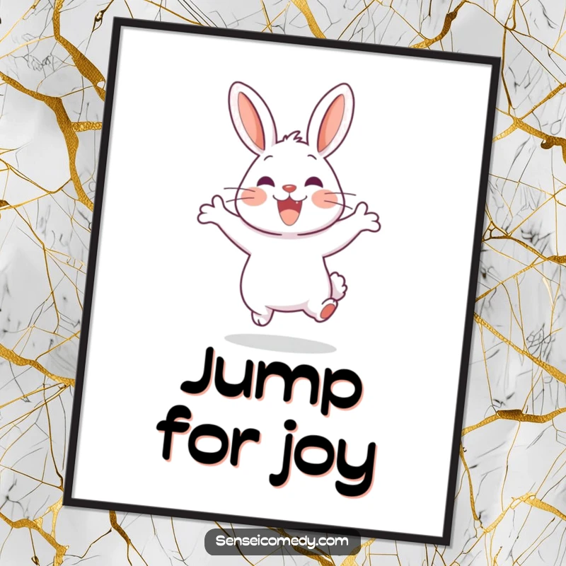 Funny Rabbit Sensei Poster: Vibrant wall art of an energetic rabbit mid-jump, bringing cheerful vibes.