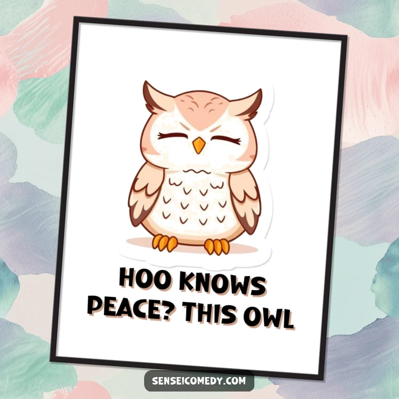 Funny Free Printable Owl Sensei meditating serenely, ideal for downloadable zen wall art.