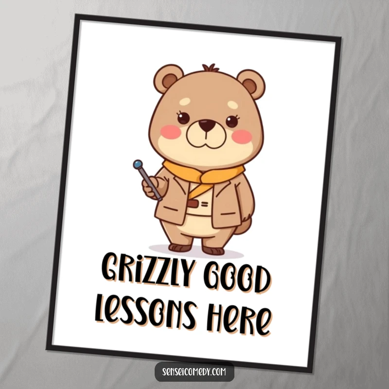 Funny Free Printable Bear Sensei holding a pointer stick, ideal for downloadable wise wall art.
