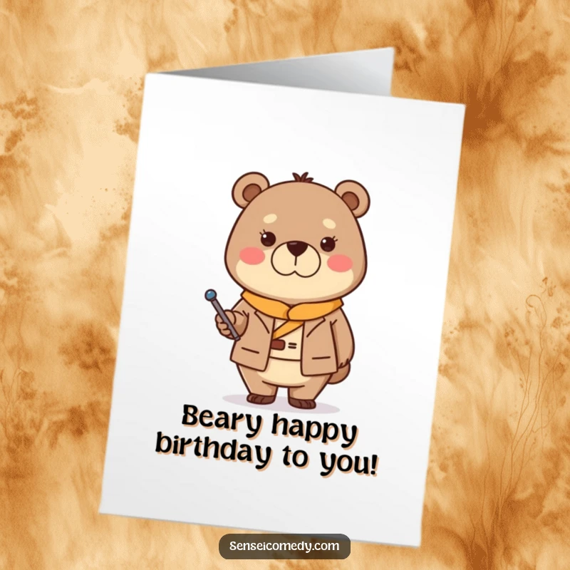 Funny Free Printable Bear Sensei holding a pointer stick, looking stern yet kind for a birthday.