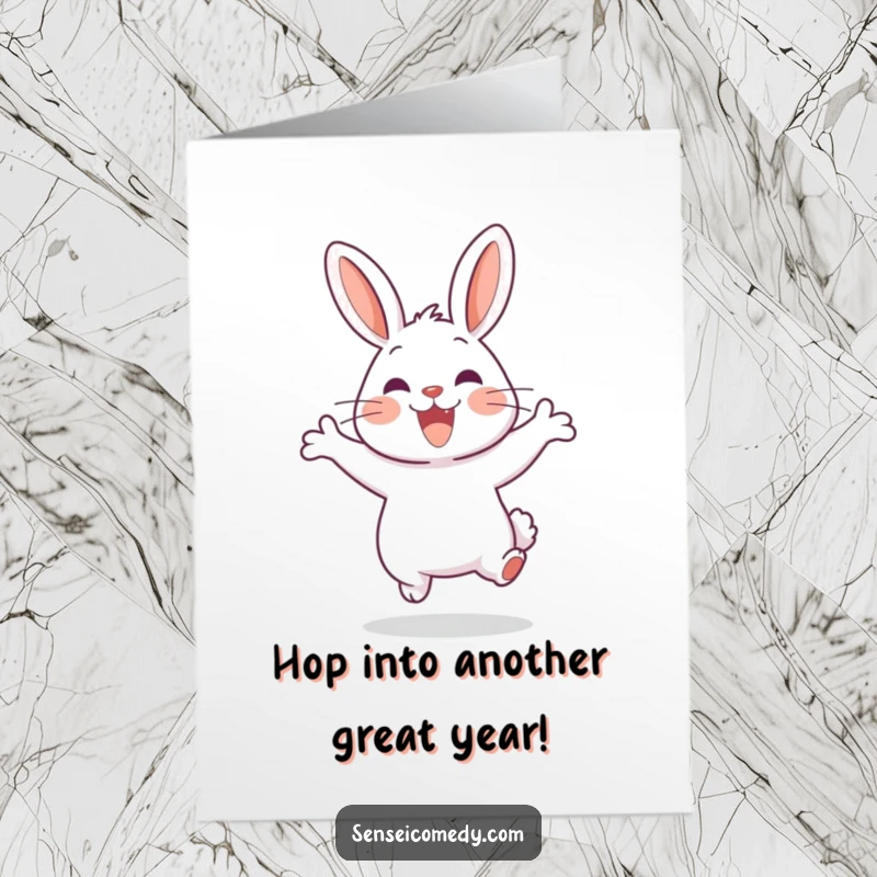 Funny Free Printable Rabbit Sensei jumping for joy, wishing a happy birthday with enthusiasm.