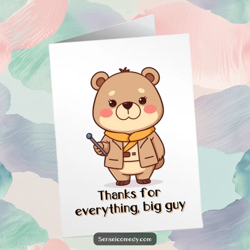 Funny Free Printable Bear Sensei holding a pointer, expressing thanks with a stern, kind gaze.