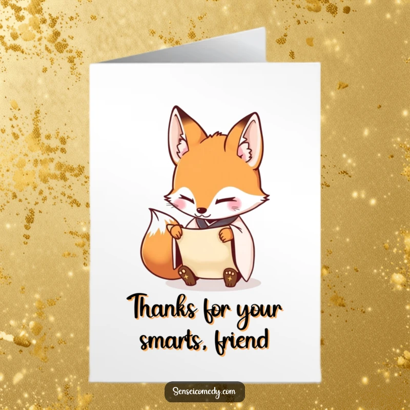 Funny Free Printable Fox Sensei meticulously inspecting a scroll while expressing thanks.