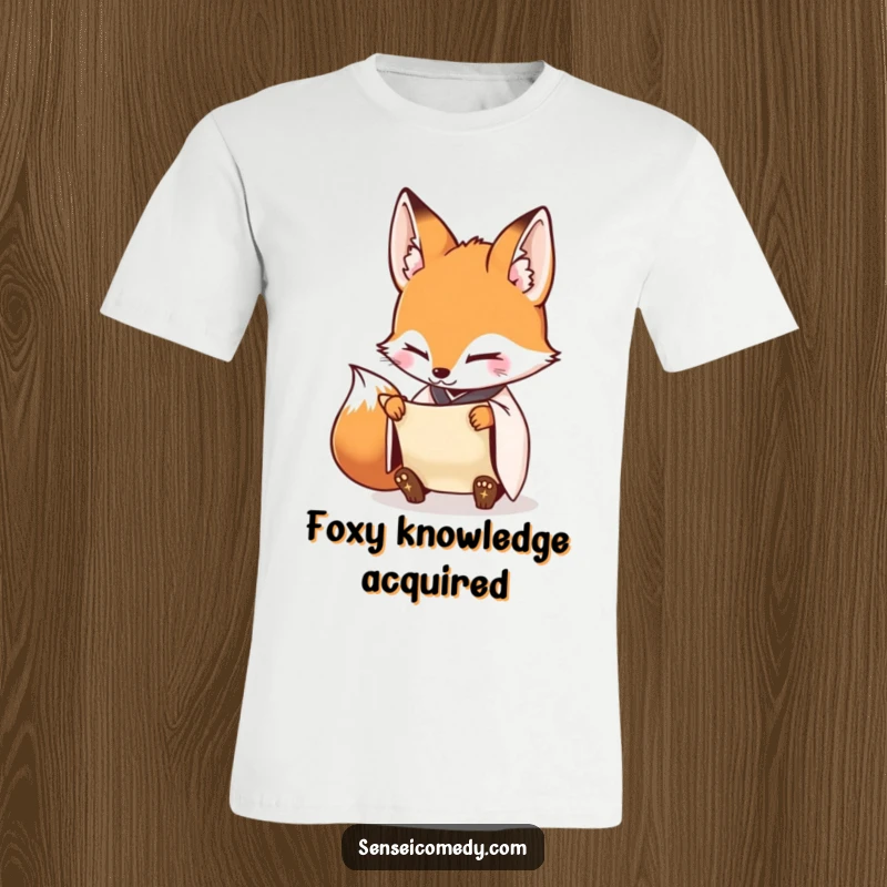 Funny Fox Sensei T-Shirt: A diligent fox meticulously examining a scroll, representing sharp focus.