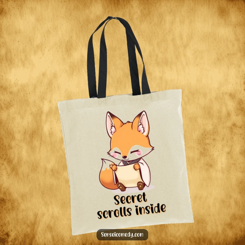 Funny Fox Sensei Tote Bag: Sturdy bag with a diligent fox and scroll, perfect for carrying knowledge with care.