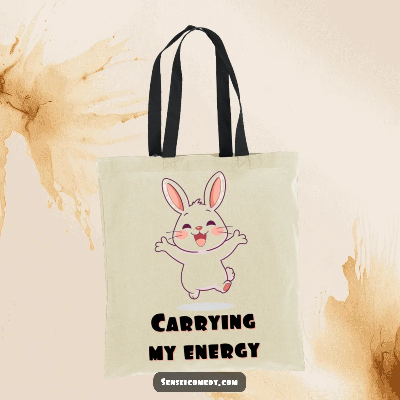 Funny Rabbit Sensei Tote Bag: Sturdy bag depicting a happy rabbit jumping, perfect for carrying essentials with cheer.